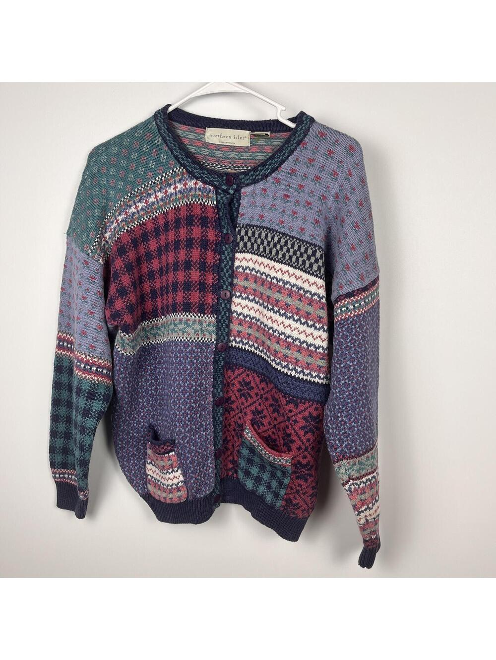 Vintage Northern Isles Cotton Cardigan Sweater XL Folk Art Cottagecore Knit